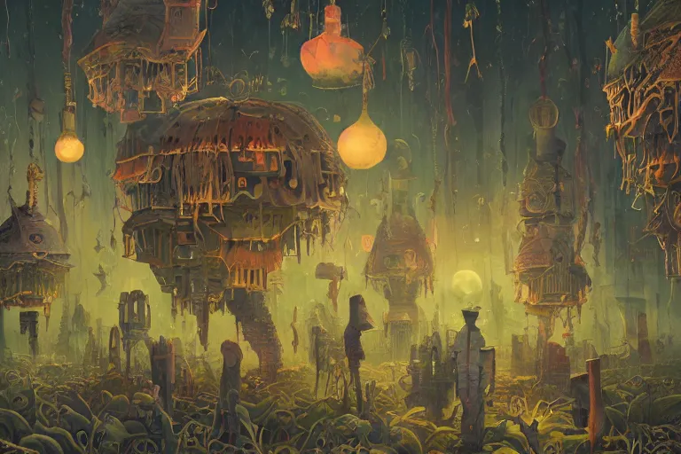 Prompt: a strange, foreboding dreamscape | | strange beings | | strange dwellings | | lanterns | | organic painting by max masnyy, jakub gazmercik, beeple, patrick faulwetter, heavenlydaemonic, and mc escher, surrealism, trending on artstation