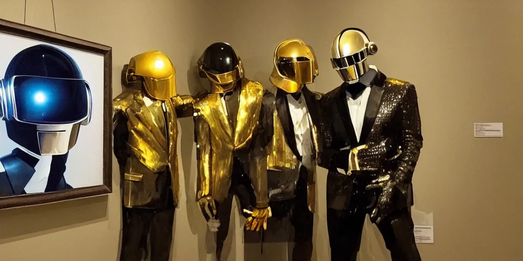 Prompt: A Daft Punk oil painting hanging on a wall in a museum