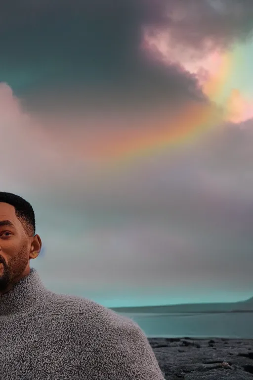 Image similar to high quality pastel coloured film close up wide angle photograph of will smith wearing clothing resting on cloud furniture in a icelandic black rock!! environment in a partially haze filled dreamstate world. three point light, rainbow. photographic production. art directed. pastel colours. volumetric clouds. pastel gradient overlay. waves glitch artefacts. extreme facial clarity. 8 k. filmic.