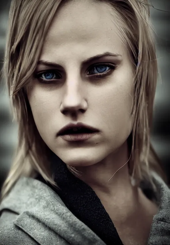 Image similar to cute model annie leonhart posing in dunwall city, beautiful face, detailed face, realistic eyes, cinematic lighting, rainy weather, melancholy atmosphere, volumetric light, gothic architecture, realistic reflections, model agency, instagram photo, depression atmosphere, shot on sony a 7, beauty filter, postprocessing