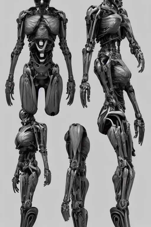 Image similar to very symmetrical!! cyborg space primate with gunmetal grey skin, medical muscle anatomy, cyberpunk face, highly detailed, japanese, mecha asthetic, mechanical implants, three - view reference sheet ( front / back / side ), in the style of dan ouellette, dren from splice, hr giger, sil from species, artstation, unreal engine