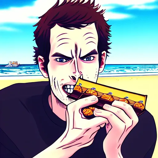 Prompt: andy murray eating chocolate on the beach, sunshine, illustration, manga, anime, trending on artstation