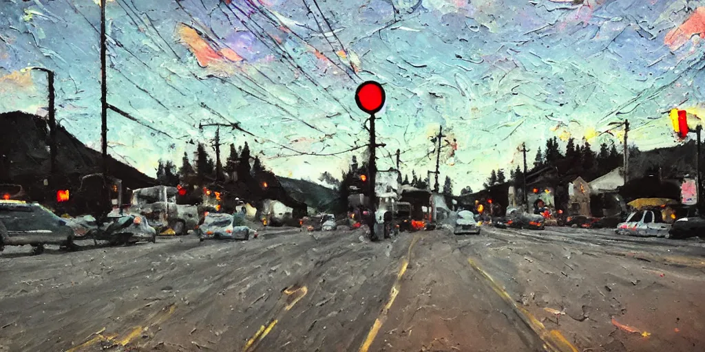 Prompt: IMPASTO!!! painterly, ((messy)), ominous! landscape of north bend, washington main street, dark, lonely!! stop light glowing, twin peaks, 'lone dark figure'!!