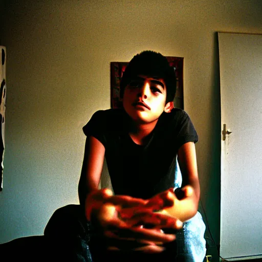 Image similar to masterpiece portrait of a photogenic cinegenic mexican teenager, chaotic teenage bedroom, bokeh, sunny day, heat haze, perfect framing, smoke, dust particles, interior shot, f2, anamorphic lens, great photographers, best photos of all times, 2004