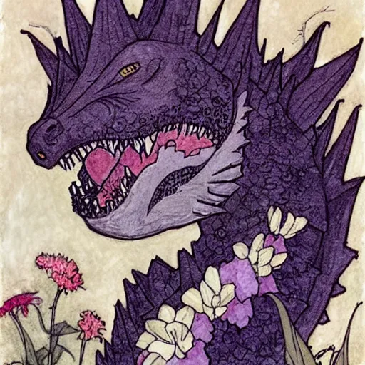 Prompt: godzilla smelling flowers, in the style of chiara bautista, mucha