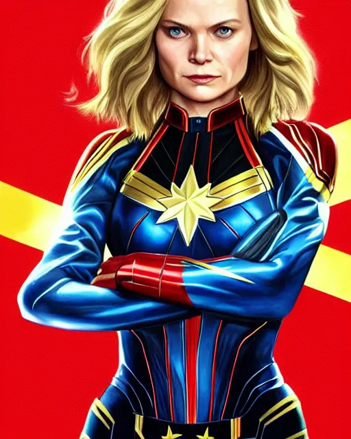 Image similar to hyper realistic painting of young michelle pfeiffer in captain marvel suit, hyper detailed, by clay mann, trending on artstation