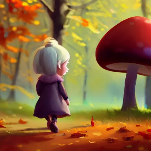 Prompt: collecting mushrooms ilustration a beautiful little girl smiling, walking calmly through an autumn forest, style by goro fujita, character art, sharp focus, highly detailed, artstation