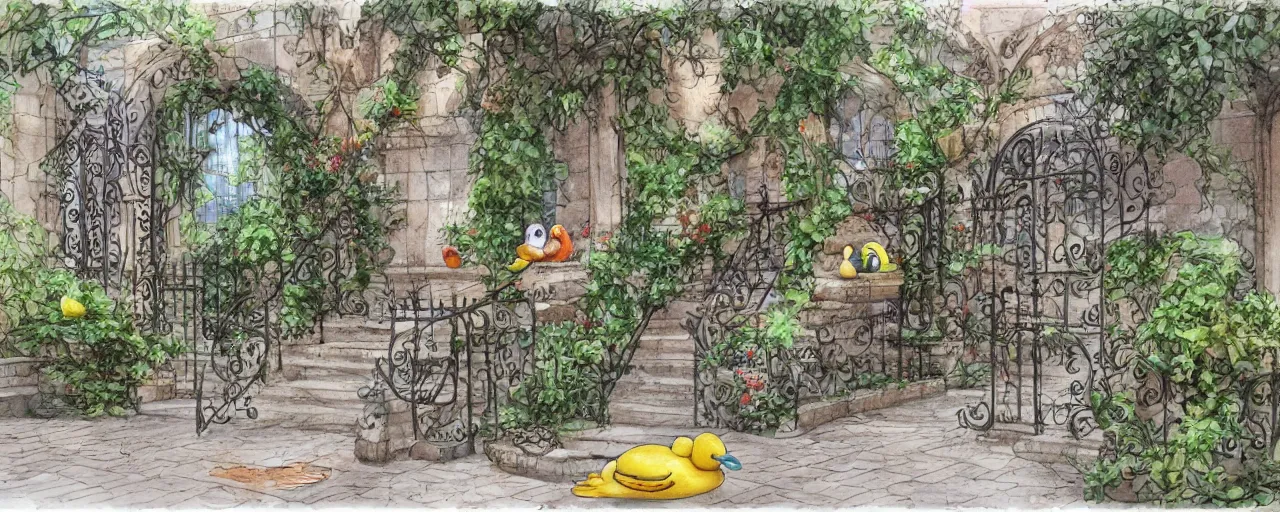 Image similar to courtyard walkway, rubber duck at center, castle, stairway, chairs, wrought iron, gate, botanic garden, botanical herbarium paper, watercolor colored painting, iridescent colors, realistic shaded, fine, artstation, italian style, colonnade ornate headdress, craving, carved, insanely detailed