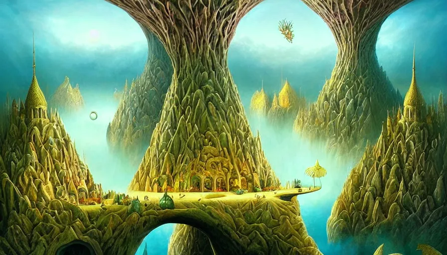 Image similar to a beautiful epic stunning amazing and insanely detailed veduta of fantasy dream worlds with surreal architecture designed by Heironymous Bosch, mega structures inspired by Heironymous Bosch's Garden of Earthly Delights, vast surreal landscape and horizon by Cyril Rolando and Andrew Ferez, rich pastel color palette, masterpiece!, grand!, imaginative!!, whimsical, epic scale, intricate details, sense of awe, elite, fantasy realism, complex composition, 4k, 8k, HD, wallpaper, octane render, artstation, fractals