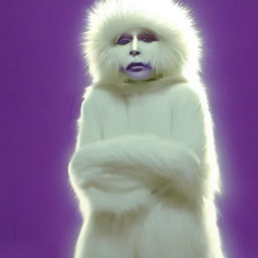 Image similar to A photo of a white fur monster standing in a purple room