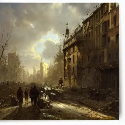 Image similar to post apocalyptic frankfurt city streets, overgrown, landscape, romanticism by andreas achenbach