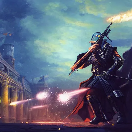 Image similar to magic cannons shotting. Magic muskets shooting at night in a revolution. 1700 style, symmetric face, hyperrealism, epic fantasy digital art, fantasy style art, by Greg Rutkowski, fantasy magic the gathering card art style