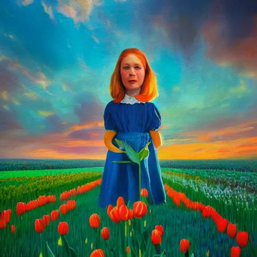 Image similar to dutch girl with one giant tulip as a face, surreal photography, flower field, sunset dramatic light, impressionist painting, colorful clouds, blue sky, digital painting, artstation, simon stalenhag