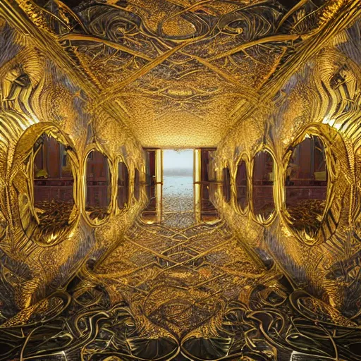 Image similar to an incredibly beautiful world of multifaceted mirrored optical illusions twisted around organic other worldy lifeforms in the style of erik johansson by dr. seuss covered in intricate gold leaf detail in a gothic hotel room with soft indirect lighting, final fantasy, cinematic colors, behance contest winner, unreal engine 5 highly rendered, global illumination, radiant light, detailed and intricate environment