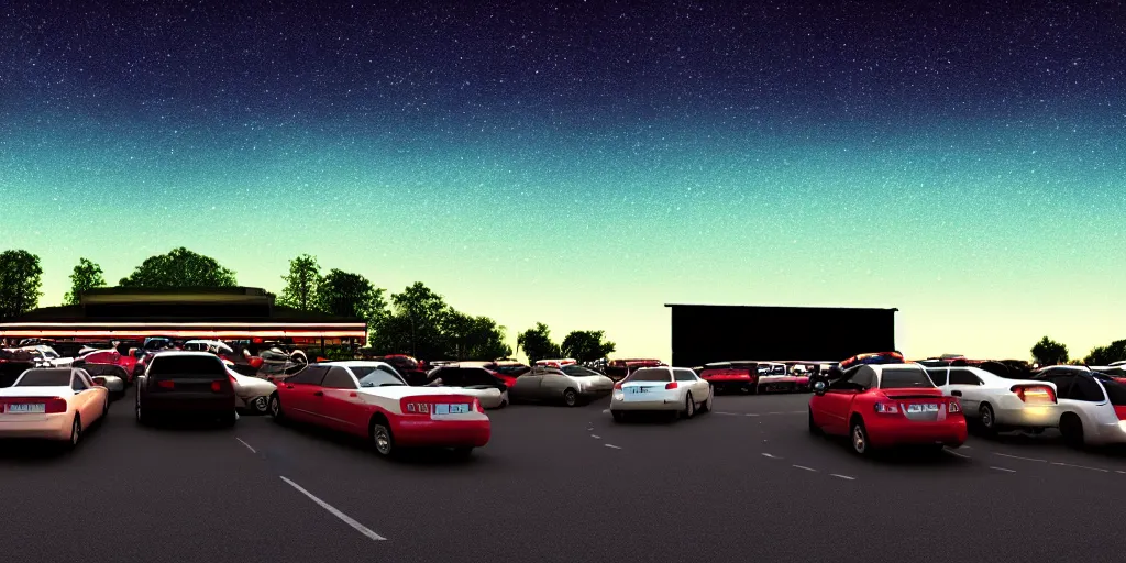 Image similar to a drive in movie theater with row of parked cars, detailed, volumetric lighting, starry night, dusk