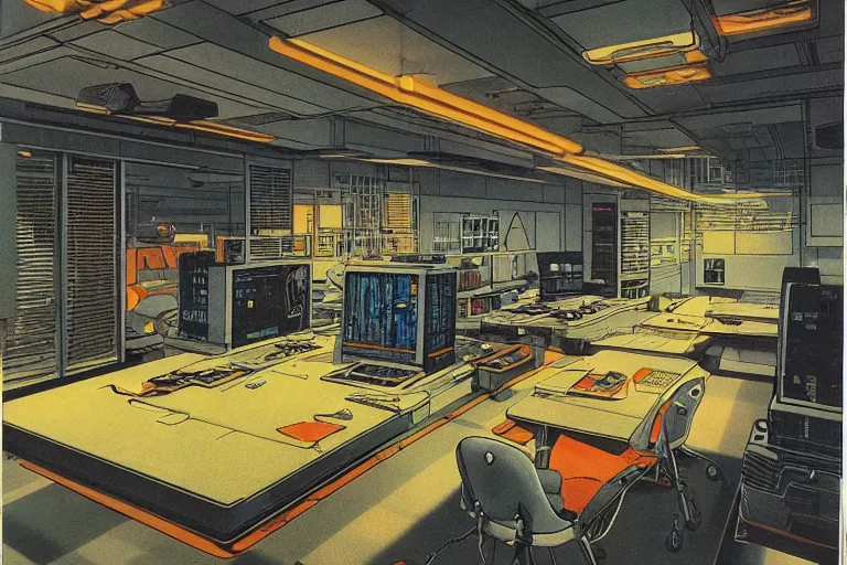 Prompt: 1979 OMNI Magazine Cover depicting a large architectural drafting room. Cyberpunk Akira style by Vincent Di Fate