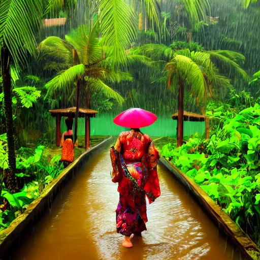 Image similar to monsoon on tropical island, oriental woman, ornate, beautiful, atmosphere, vibe, mist, coconuts, rain, wet, pristine, puddles, melting, dripping, snow, creek, lush, ice, bridge, forest, roses, flowers, by francis bacon