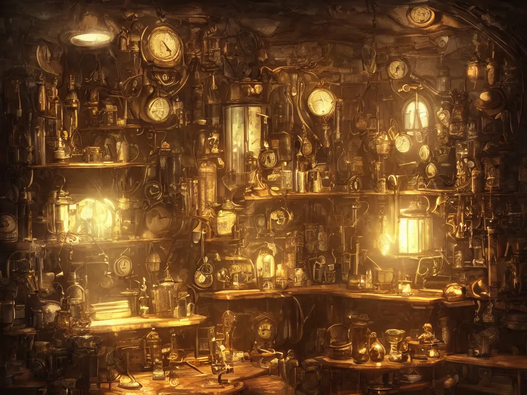 Prompt: small and cozy steampunk alchemy lab, beautiful digital art, atmospheric and highly detailed, trending on artstation