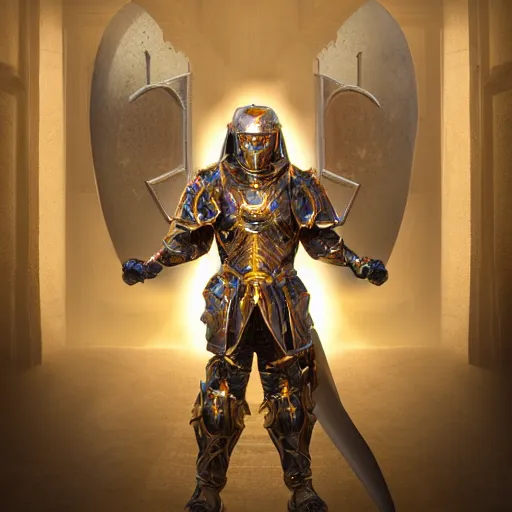 Image similar to evil knight, glowing halo, fantasy paladin, intricate legendary armor, located in a castle, morning sunlight through the window, decorated, high quality, highly detailed, 4 k