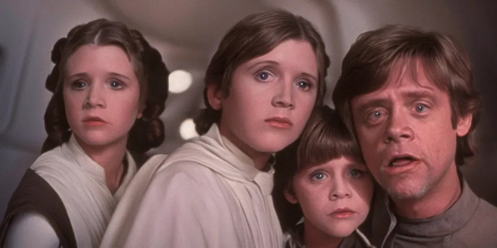 Image similar to film still of carrie fisher and mark hamill as children in new star wars movie, dramatic lighting, highly detailed face, kodak film, wide angle shot,