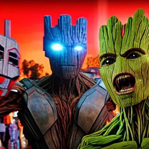 Image similar to groot and optimus prime in techno party among people dancing, wide shoot, after effect ultra realistic 3 d