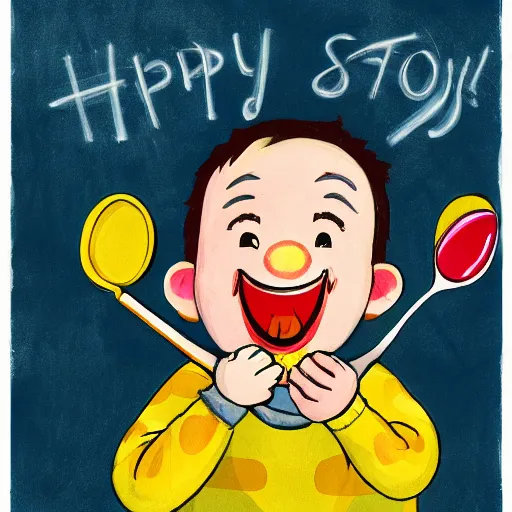 Image similar to happy boy holding a spoon on his nose, illustration,, high detail, cheerful colours