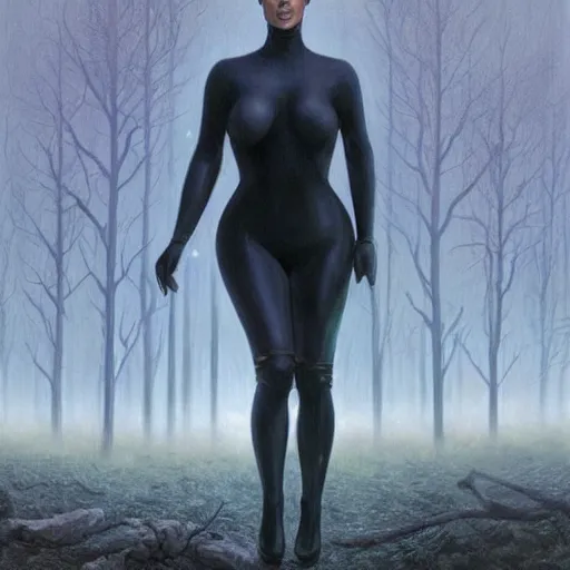 Prompt: kim kardashian as a cop, police uniform, chest and face in view, full portrait, haunted forest with ufo sitting in the distant fog, pretty, aesthetic, dust molecules, matte detailed photo, DeviantArt, Artstation, by donato giancola, ralph horley, loish, ufo lighting