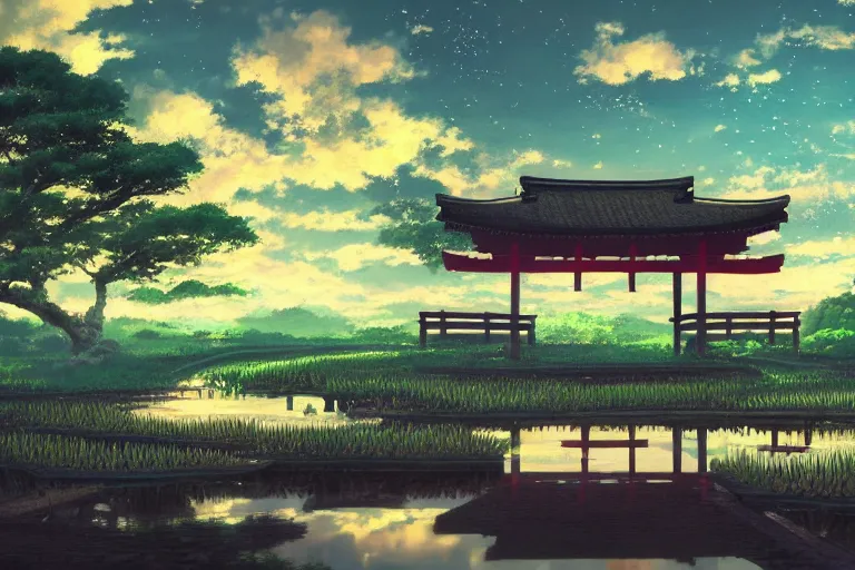 Prompt: hypnagogic reflections in the ricefields by makoto shinkai, centered torii gate, japanese countryside, anime wallpaper, 4k, trending arstationhq, daily deviation