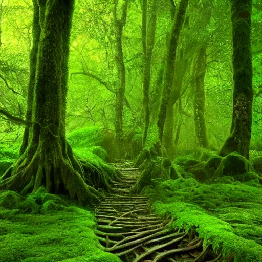 Image similar to the wood between the worlds, narnia, a forest filled with pools of water, lush green forest, moss,