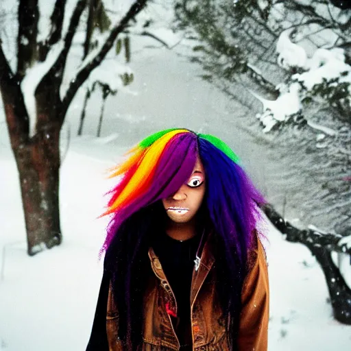 Prompt: black Emo scene girl with long rainbow hair looking up at snow 35mm