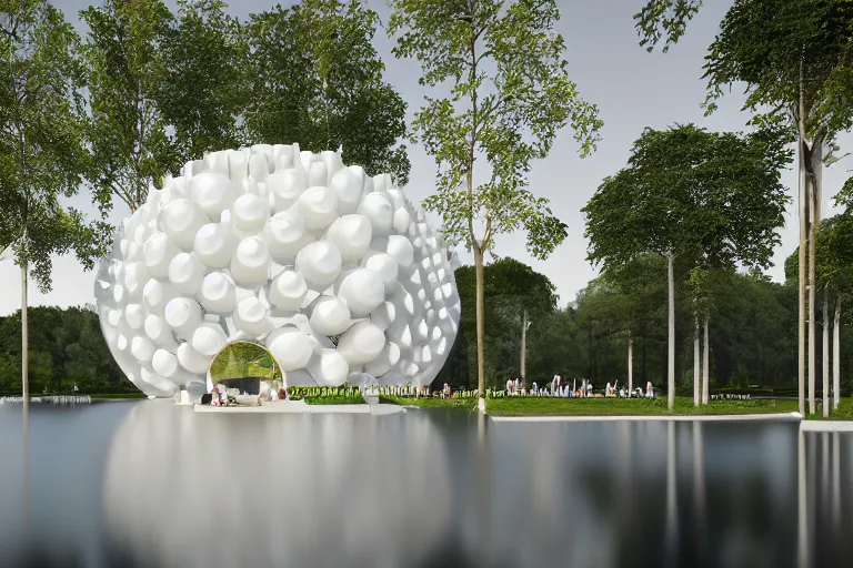 Image similar to a building formed by the cross combination and fusion of 2 0 white spherical and egg shaped spaces of different sizes, on the calm lake surface, people's perspective modern curved architecture, future, wood, marble, metal award winning, highly detailed 4 k art, dusk, unreal engine highly rendered, global illumination, radial light, internal environment by kazuyo sejima