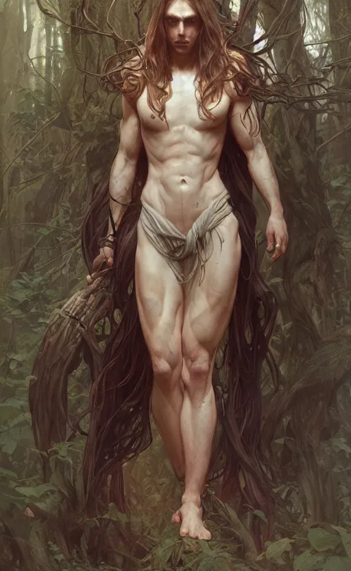 Image similar to God of the forest, pale hair, long hair, gorgeous, amazing, muscular, intricate, highly detailed, digital painting, artstation, concept art, sharp focus, illustration, art by greg rutkowski and alphonse mucha