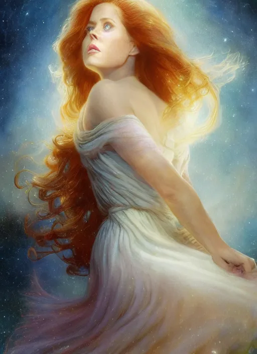 Image similar to Amy Adams staring into the camera, misty wisps, fireflies, Lilia Alvarado, Sophie Anderson, Mark Arian, Bob Byerley, Charlie Bowater, Mark Brooks, Steve Henderson, Justin Gerard, Arthur Hughes, Edward Robert Hughes, Mark Keathley, Victor Nizovtsev, Carlos Shwabe, Ross Tran, WLOP