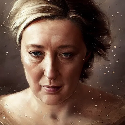 Image similar to Portrait of Marine le Pen , french revolution, amazing splashscreen artwork, splash art, head slightly tilted, natural light, elegant, intricate, fantasy, atmospheric lighting, cinematic, matte painting, detailed face, by Greg rutkowski