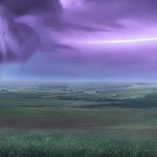 Image similar to a tornado in the distant landscape, hdr, artstation, shuttershock, 4 dimensions purple background