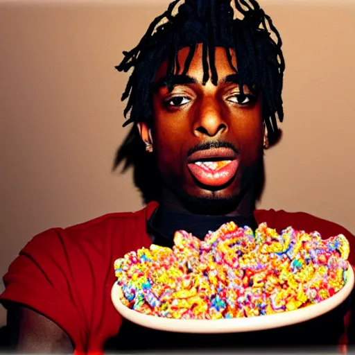 Prompt: a realistic photo of playboi carti eating fruity pebbles, film grain, vintage photo, high contrast