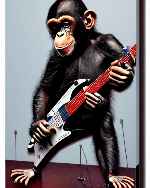 Image similar to a portrait of an anthropomorphic cyberpunk chimp shredding an electric guitar and singing into a microphone on a stand by sandra chevrier, by jon foster, detailed render, tape deck, epic composition, cybernetics, 4 k realistic, cryengine, realistic shaded lighting, sharp focus, masterpiece, by enki bilal