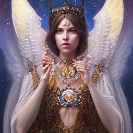 Image similar to A beautiful digital painting of a female Seraphim full of jewels, princess, the moon behind her, intricate, cinematic lighting, highly detailed, digital painting, Artstation, concept art, smooth, sharp focus, illustration, art by Tom Bagshaw, Artgerm and Greg Rutkowski