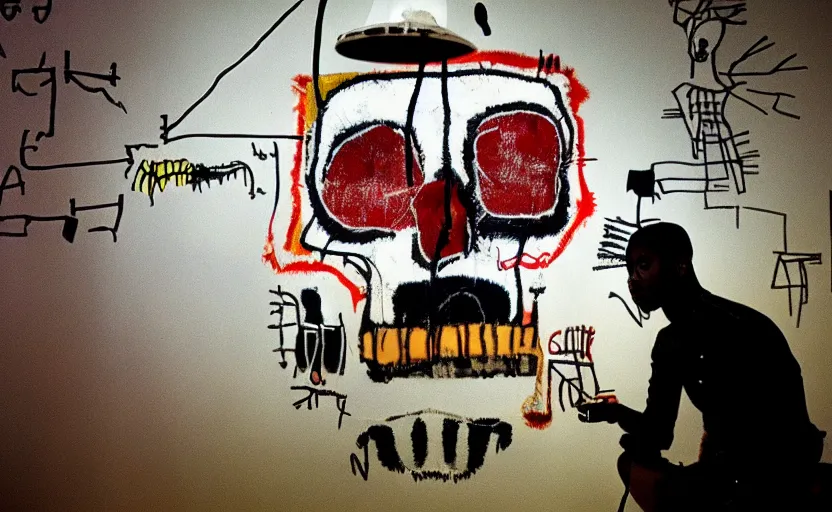 Image similar to photograph of basquiat skull machine perfect composition masterpiece dramatic lighting