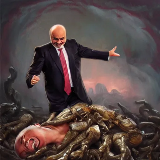 Prompt: highly detailed oil painting, concept art, dr phil laughing and dancing on a pile of dead bodies, concept art, highly detailed