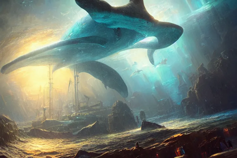 Prompt: A beautiful painting of Atlantis arising from the depths of a digital ocean heralded by steampunk whales by greg rutkowski and thomas kinkade, artstation volumetric lighting