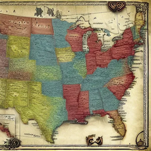 Image similar to A fantasy style map of the USA