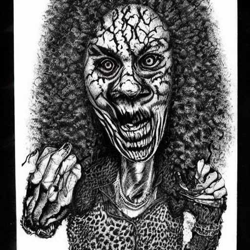 Image similar to animal print pants out of control. it's redfoo with a big afro! in the style of Stephen Gammell. Scary stories to tell in the dark. horror image. Scary! macabre illustration. crosshatching.