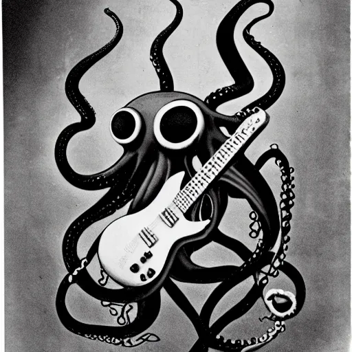 Image similar to vintage photograph of an octopus playing blues guitar with its tentacles