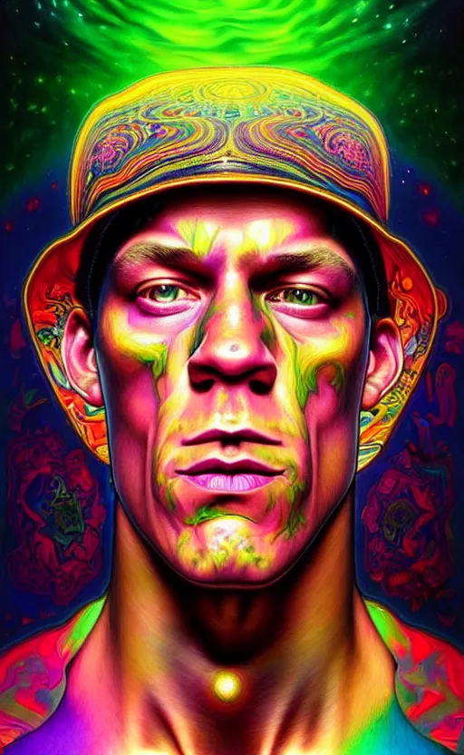 Image similar to An extremely psychedelic celestial John Cena in his black fedora hat, colorful, surreal, dramatic lighting, magic mushrooms, psilocybin, LSD, face, detailed, intricate, elegant, highly detailed, digital painting, artstation, concept art, smooth, sharp focus, illustration, art by Krenz Cushart and Artem Demura and alphonse mucha