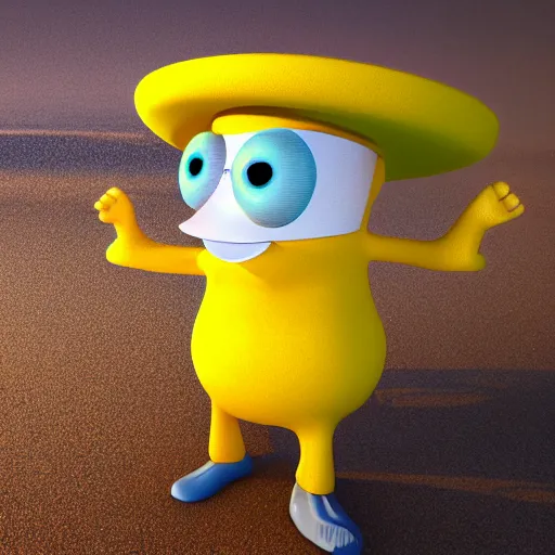 Image similar to 3 d render, of anthropomorphic lemon character, he is wearing a hat, building a sandcastle on the beach at sunset, beach, huge waves, sun, clouds, rim light, cinematic photography, professional, sand, sandcastle, volumetric lightening