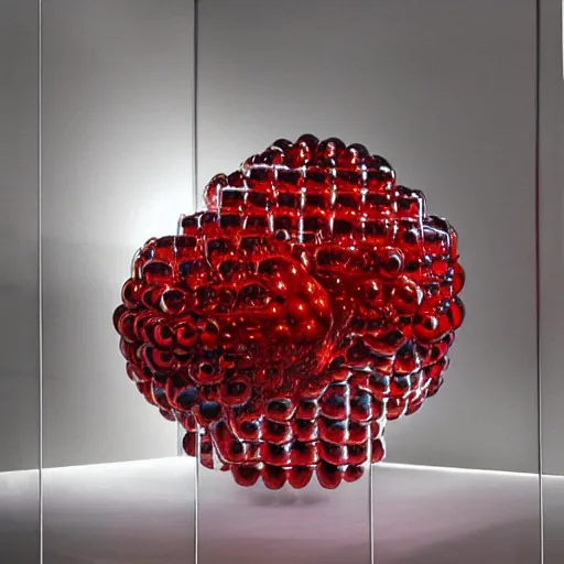 Prompt: chrome spheres on a red cube by jan van huysum