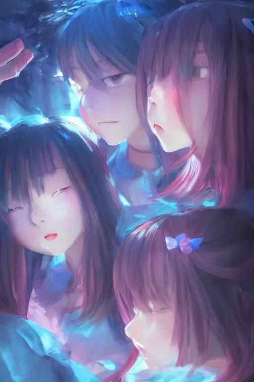 Prompt: 3d infrared octane render concept art by Mo Xiang Tong Xiu, by Igarashi Daisuke, by makoto shinkai, cute beauty cozy portrait anime sad schoolgirls under dark pink and blue tones, mirror room. light rays. water bellow. pretty and cutest sad face. dramatic deep light, trending on artstation, oil painting brush