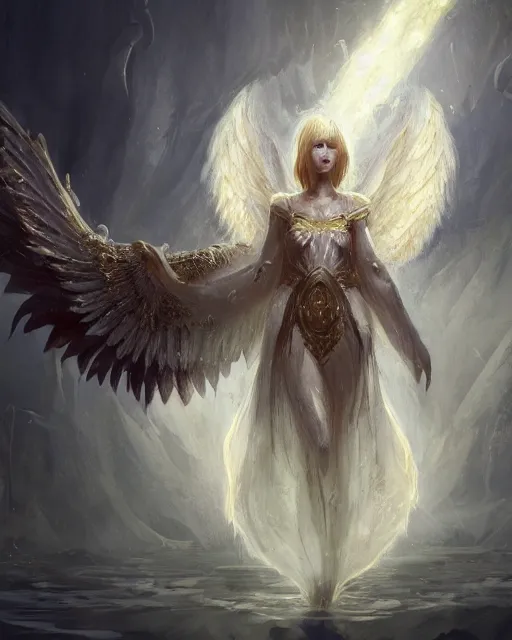 Image similar to Anthropomorphized Swan Angel, D&D, artstation, fantasy, magic the gathering artwork, cinematic lighting, centered, symmetrical, highly detailed, digital painting, , concept art, smooth, sharp focus, illustration, volumetric lighting, epic Composition, 8k, art by Akihiko Yoshida and Greg Rutkowski and Craig Mullins, oil painting, cgsociety