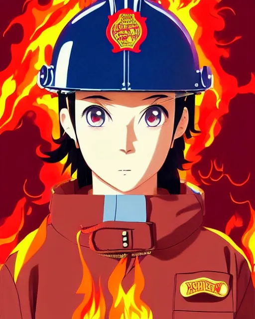 Image similar to fireman, cool pose, fire jacket, helmet, covered in beautiful flames!!! | | very very anime!!!, beautiful fine - face, audrey plaza, realistic shaded perfect face, fine details. anime. realistic shaded lighting poster by ilya kuvshinov katsuhiro otomo ghost - in - the - shell, magali villeneuve, artgerm